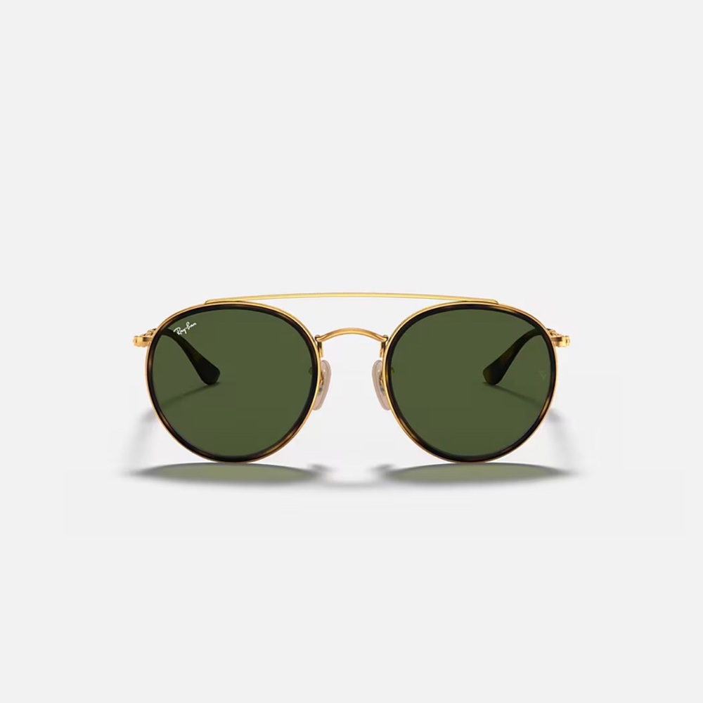 Ray-Ban Gold Frame Round Sunglasses with Green Lenses and Double Bridge